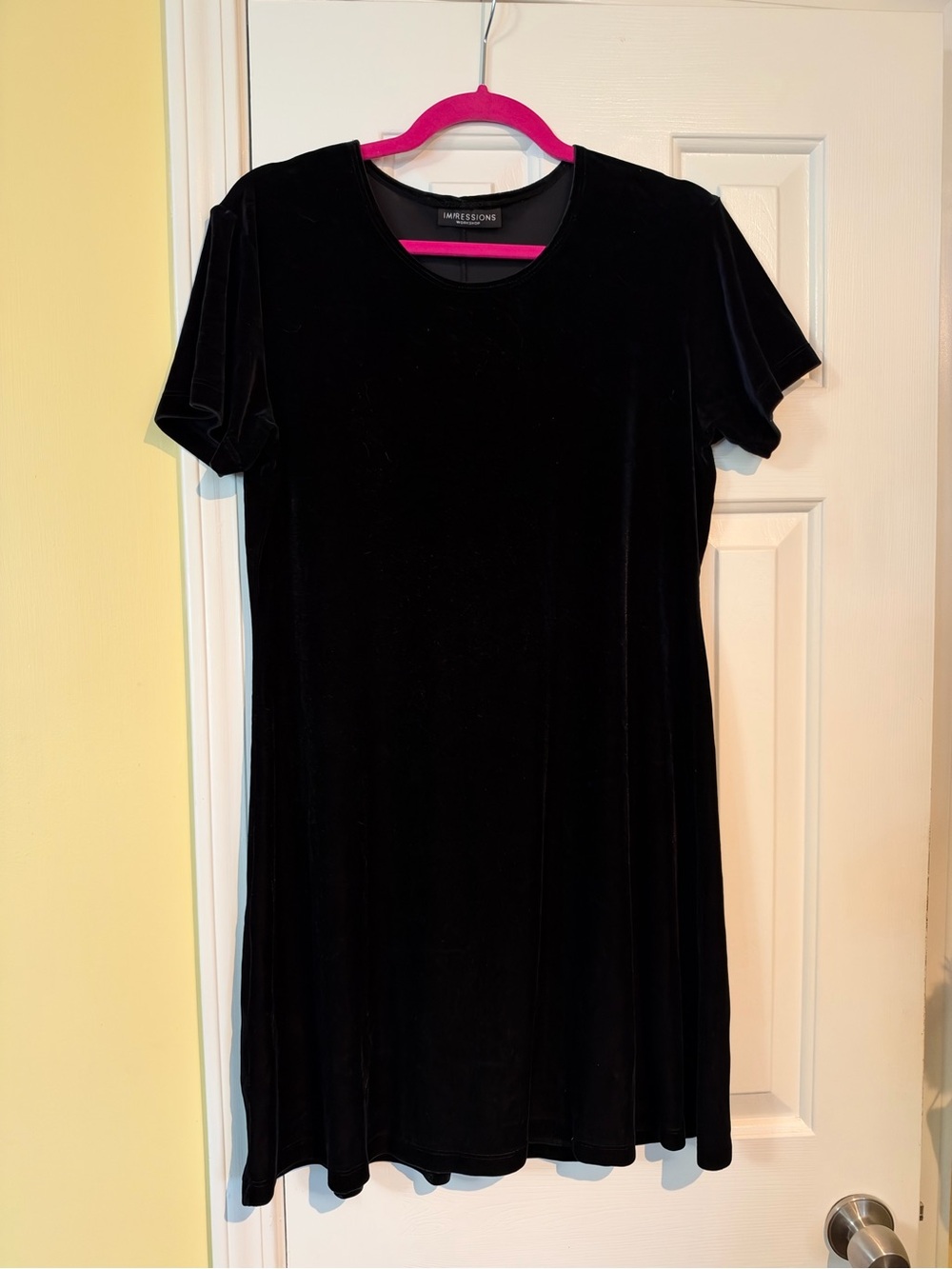 Impressions Black Velvet Mini Dress with Short Sleeves